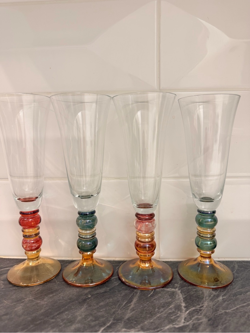 VTG 4 Krosno Poland Hand Blown Multi Color Stacked Ball Stem Champagne Flutes